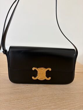 Celine Black Leather Shoulder Bag with Gold Triomphe Clasp